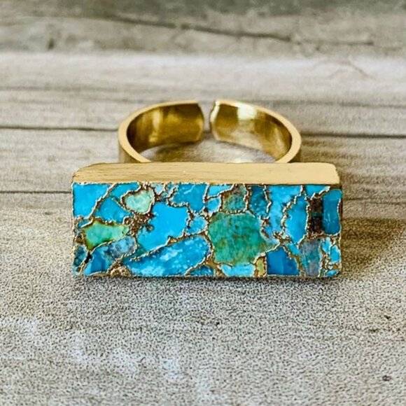 Genuine Turquoise Rectangle Ring, Gold Plated (Adjustable) - Picture 2 of 6